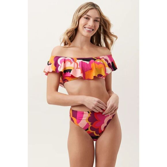 Trina Turk Womens Fan Faire Off The Shoulder Ruffle Bandeau Swim Top Size 4 - Picture 1 of 9